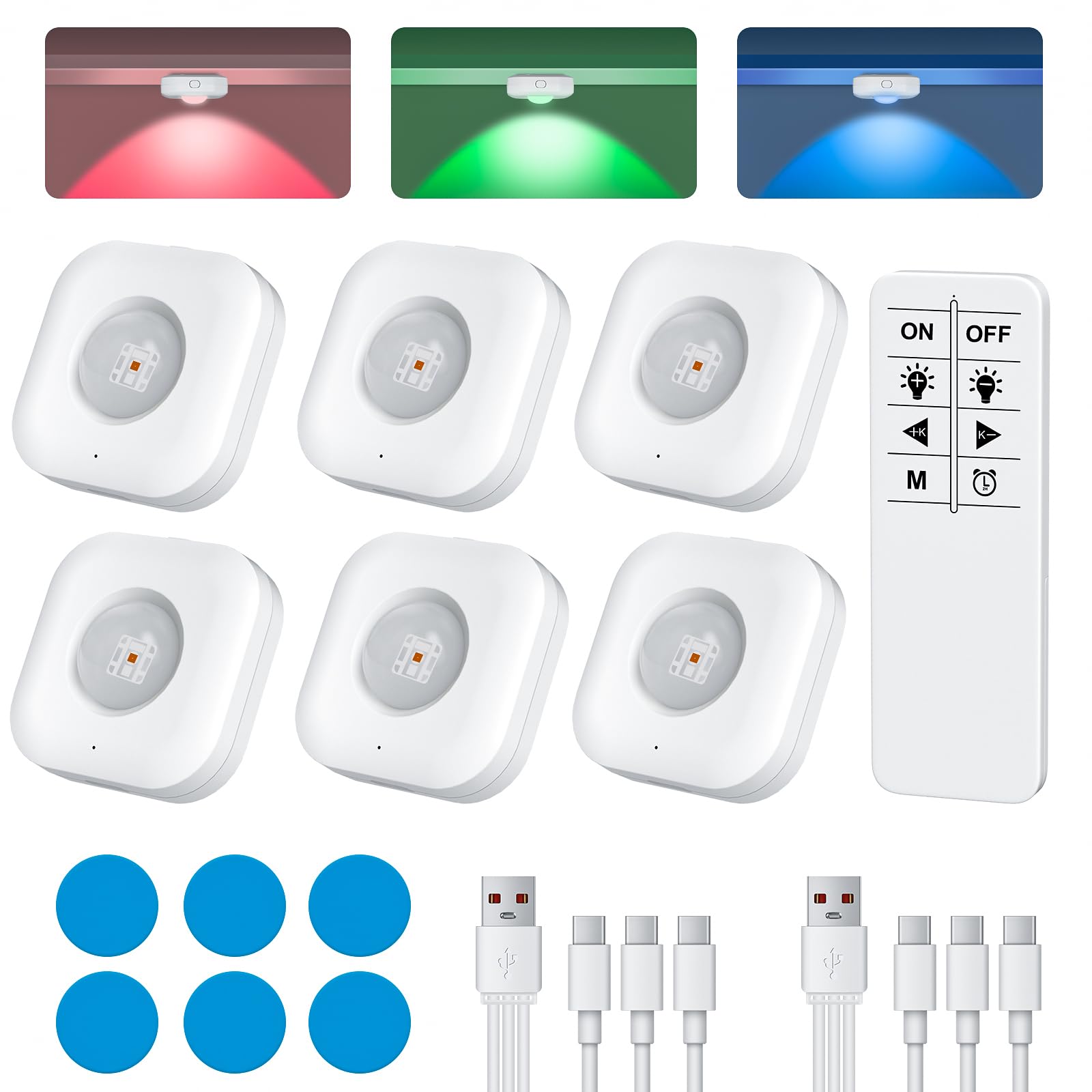 GODENBA RGB Puck Lights with Remote Control, Rechargeable Under Cabinet & Closet Lights, 1500mAh Battery, Dimmable Wireless Stic