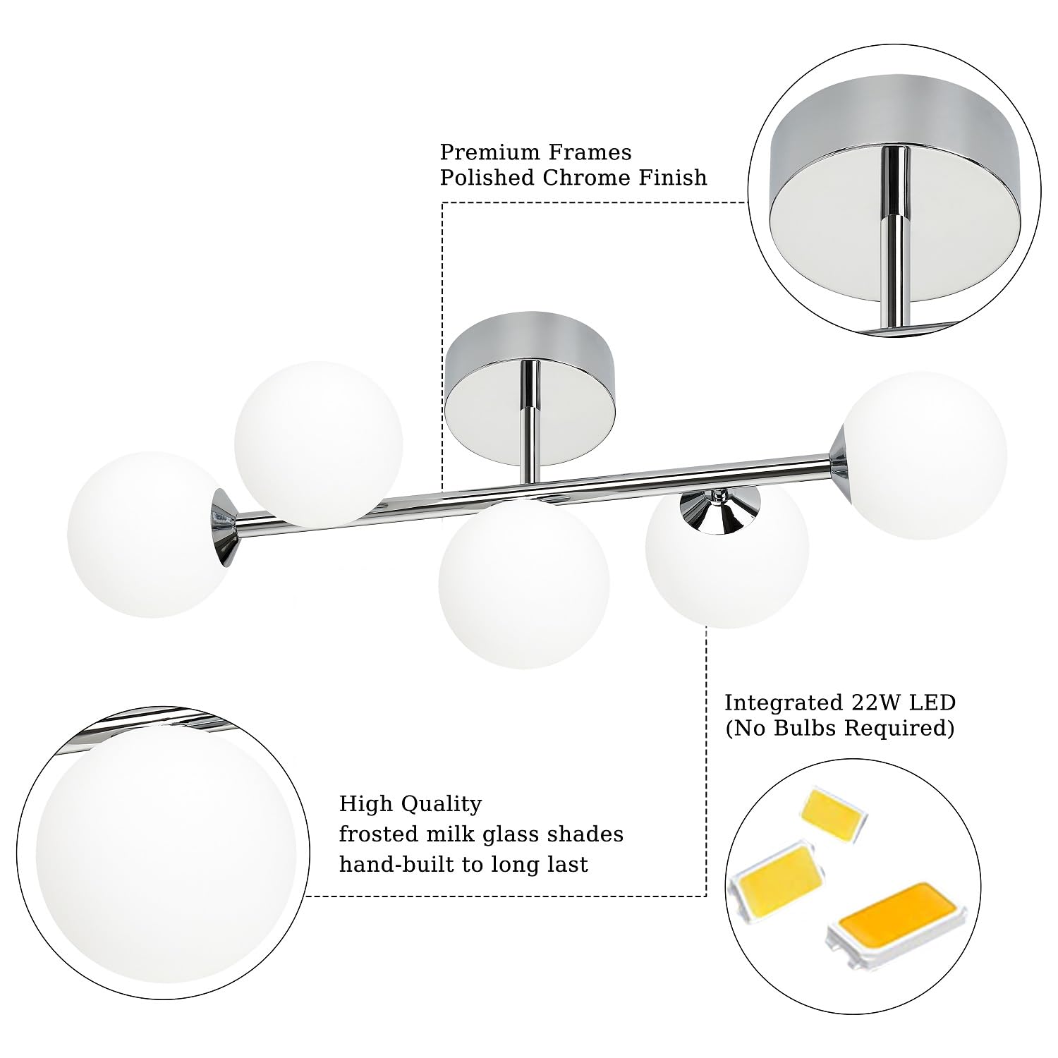 ArtMoonlight 5-Light Bathroom Vanity Lights, Dimmable LED, Chrome Finish, Frosted Glass, Model 012L3000WARM