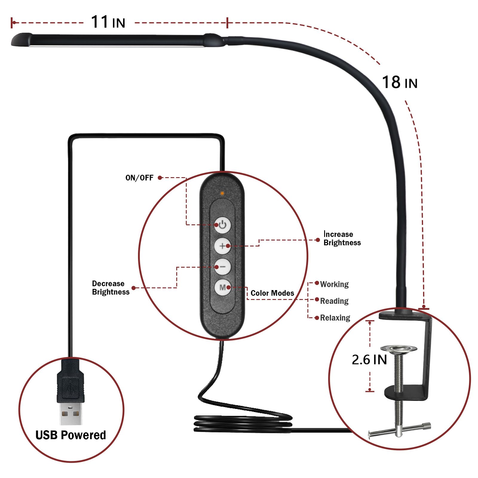 Phimuezl Led Desk Lamp With Clamp, Clamp Light With 30 Adjustable Color Modes,Clip On Light With Long Flexible Gooseneck, Eye-Care Lamp Clamp For Study, Work, Home, Office, (Black, 12W)