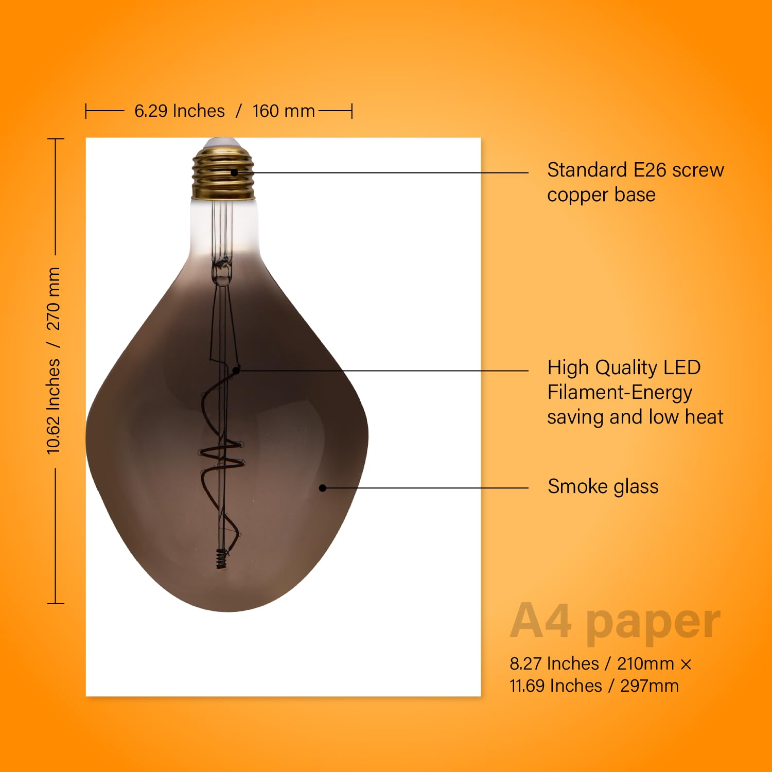 Whfialux Oversized Decorative Led Light Bulbs Giant Vintage Edison Light Bulb Huge Waterdrop Shape Bulbs Pendant Lighting Smoke Glass 2200K Warm White 6W Dimmable 120Lm(15W Eq.) E26 Base (Td160Smoke)