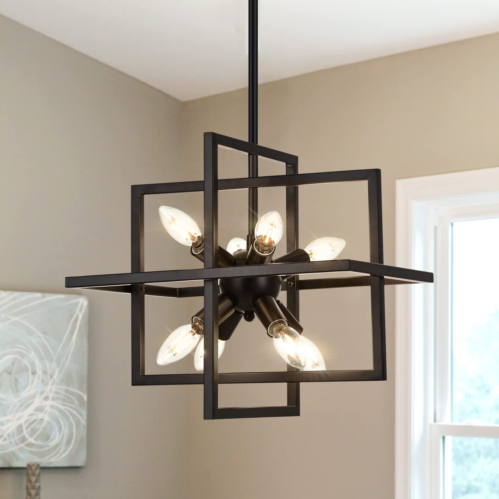 Goomavi Small Modern Lantern Chandeliers, Geometric Black Pendant Lighting, 8-Light Industrial Hanging Chandelier Light Fixture 