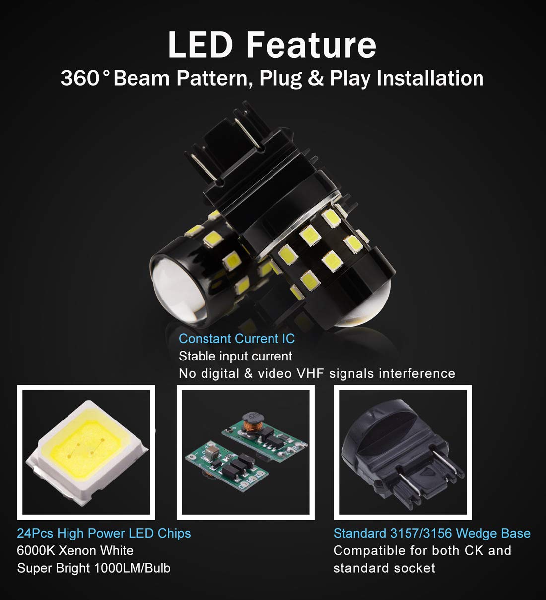BRISHINE 3157 LED Bulbs 6000K Xenon White 24-SMD Projector Pack of 2