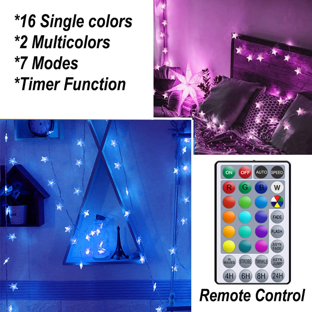 Solhice 40ft Color Changing Star String Lights - 120 LEDs, USB Powered, Remote Control, Indoor Fairy Lights for Bedroom and Dorm Decor