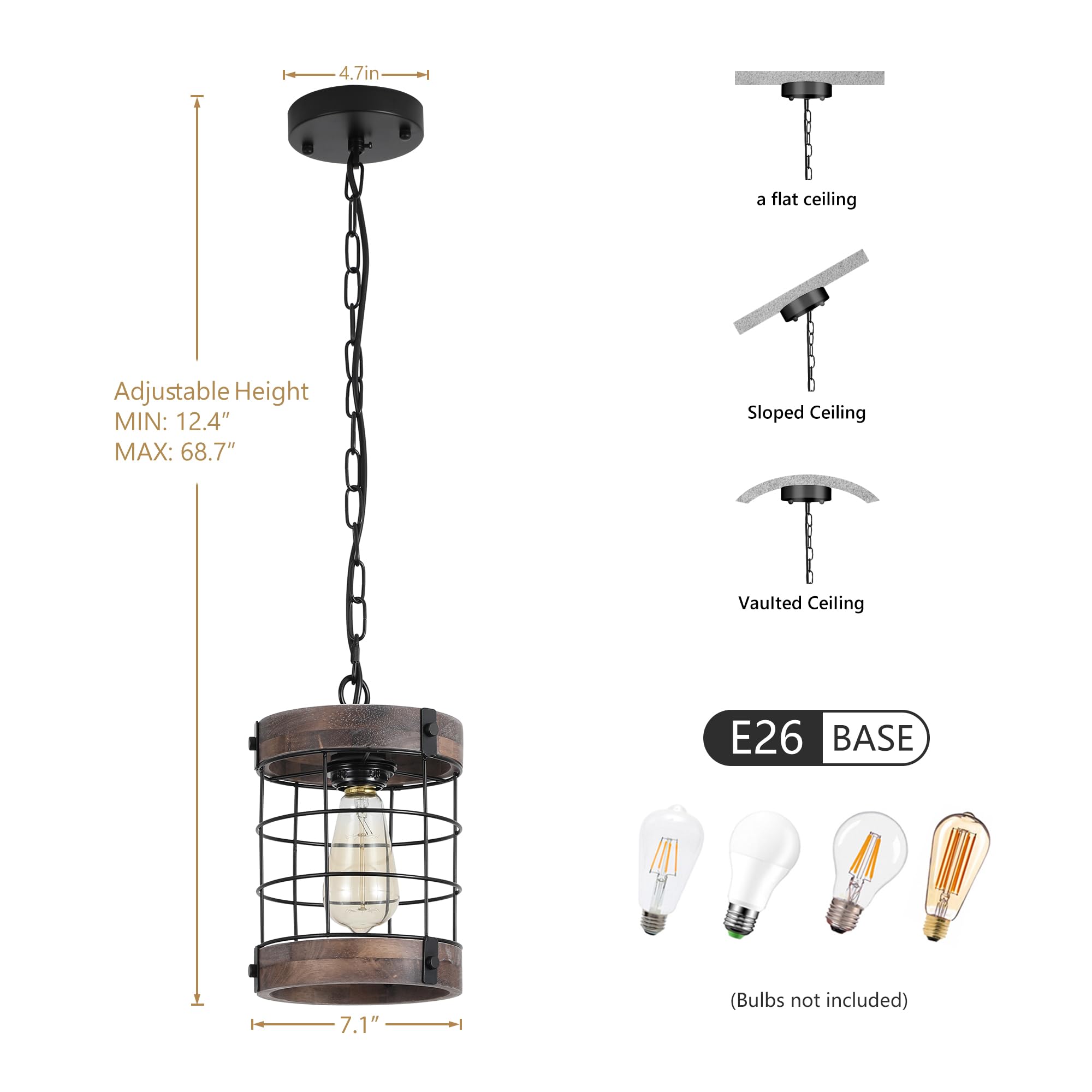 Lamqee 1-Lights Rustic Farmhouse Pendant Light Fixtures For Kitchen Island Wood Hanging Ceiling Lights Dining Room Over Table Wo
