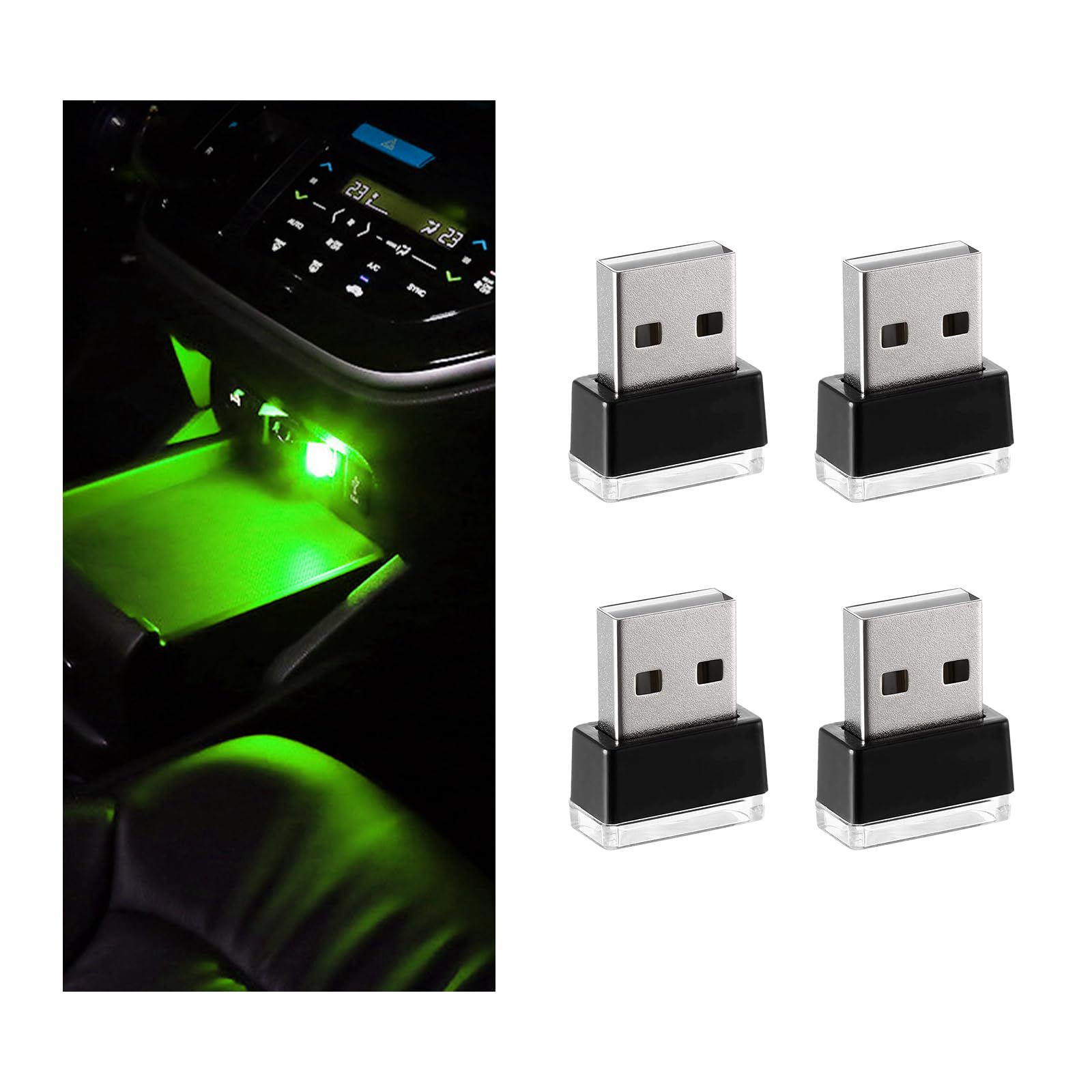 Sylvil 4 Pcs Usb Led Car Interior Atmosphere Lamp  Portable Mini Led Night Light  Plug-In Usb Interface Trunk Ambient Lighting Kit  Universal Interior Car Accessories (Green)