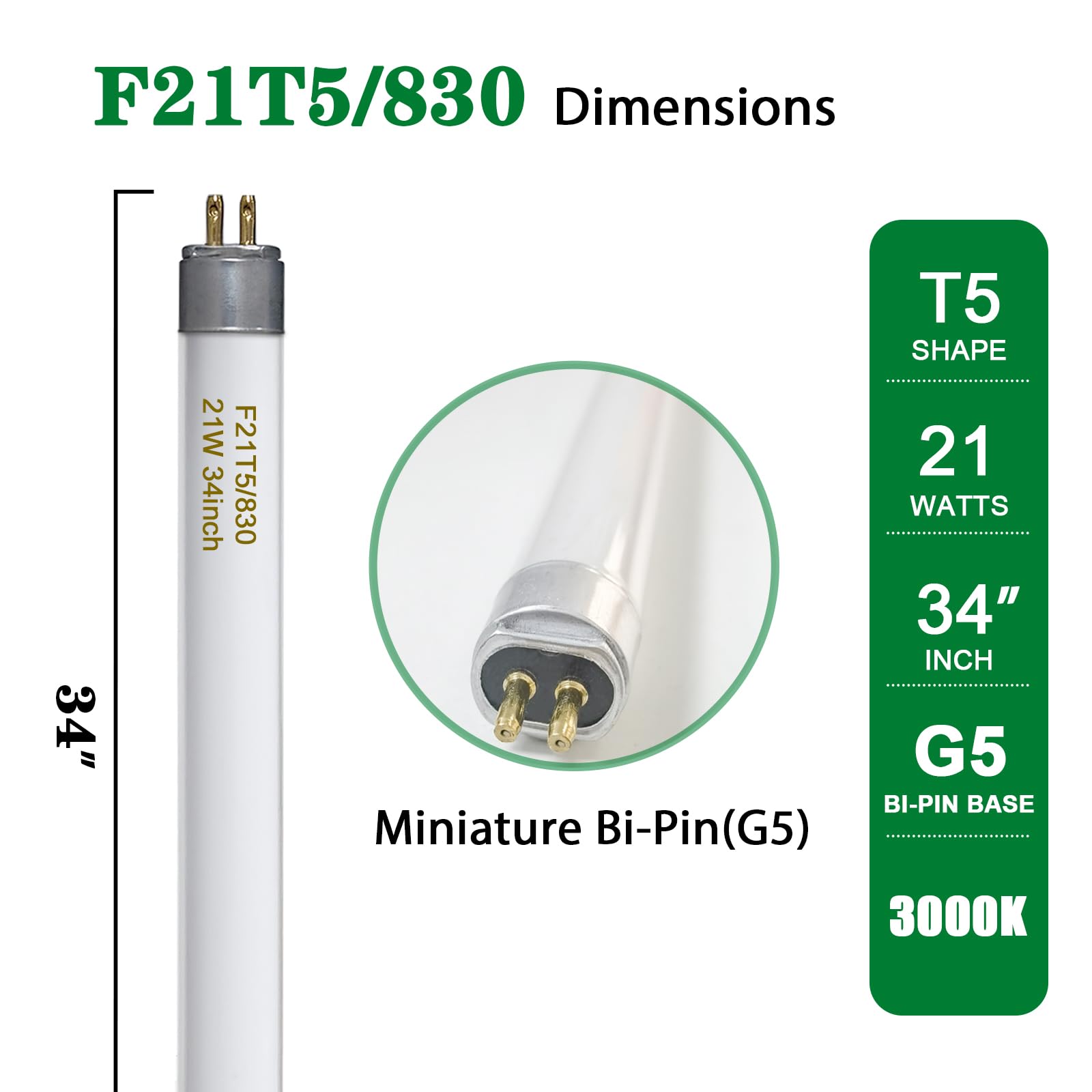 Konideke T5 Fluorescent Light Bulb 21W 34 Inches 3000K Warm White Mini Bi-Pin Base, 6 Pack
