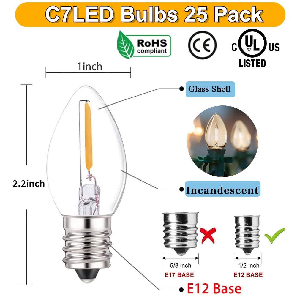 C7 Led Bulbs Christmas C7 Led Light Bulbs 25 Pack C7 Led Replacement Bulbs C7 Led Christmas Lights Replacement Bulbs 0.6 Watt C7