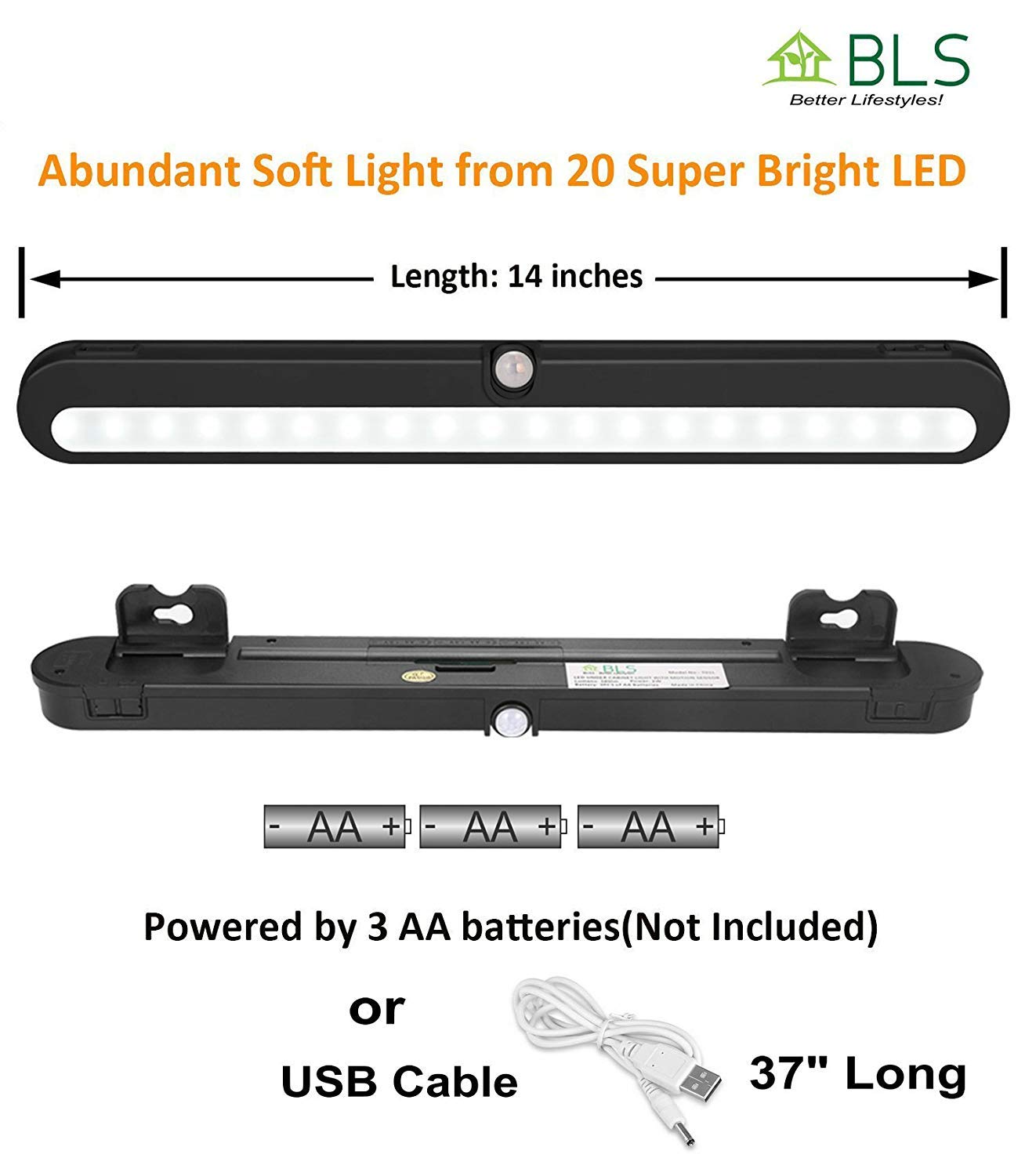 BLS LED Closet Light, 20 Motion Sensing LEDs, Battery Powered/DC, Adjustable Beam, Black, T01LB-2 Pack, 6000K Clean White