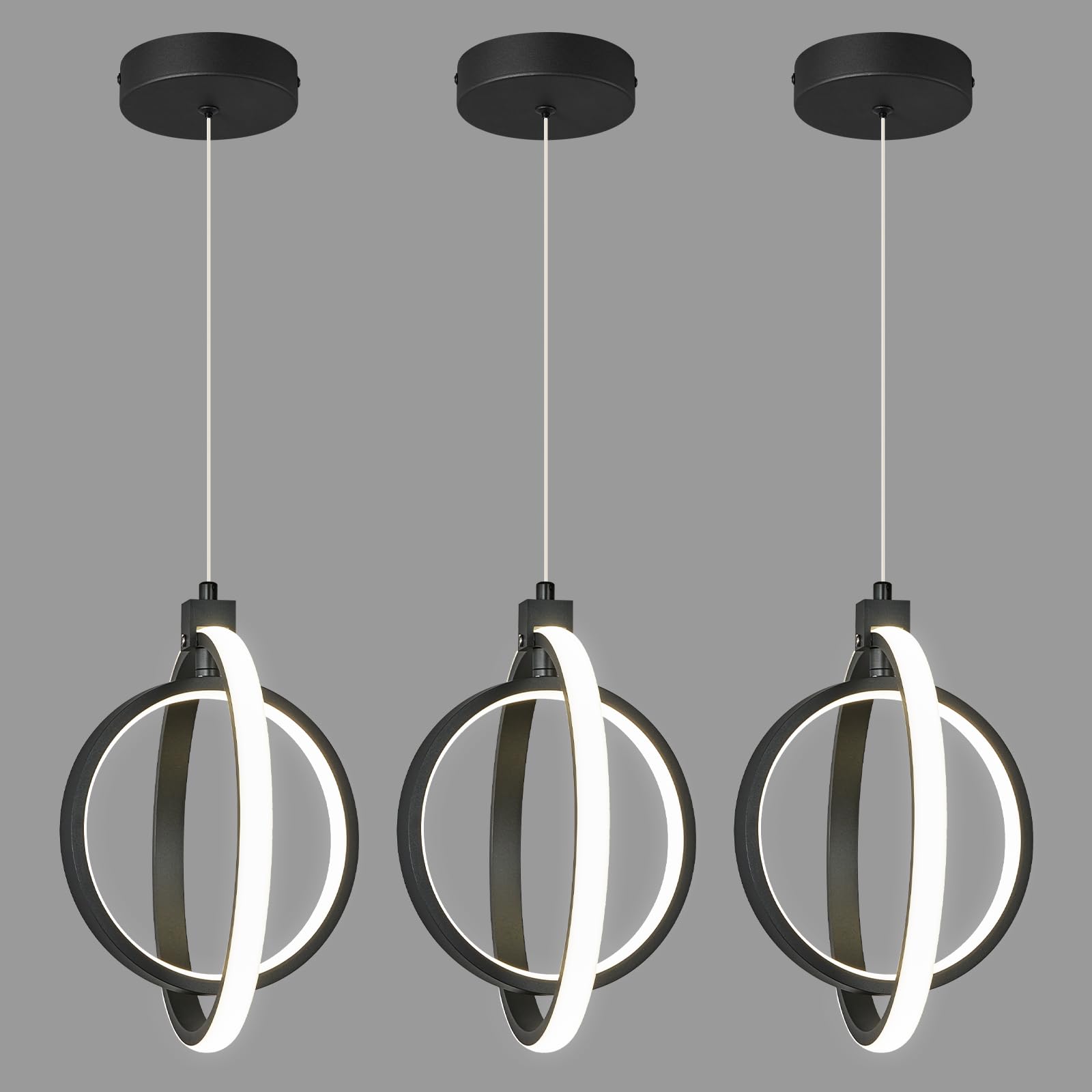 Bnhhlz Modern Led Chandelier Black Ring Pendant Light Fixtures 4000K Dimmable Height Adjustable Pendant Lighting For Dining Room Kitchen Island Bedroom Living Room Foyer(3-Pack)