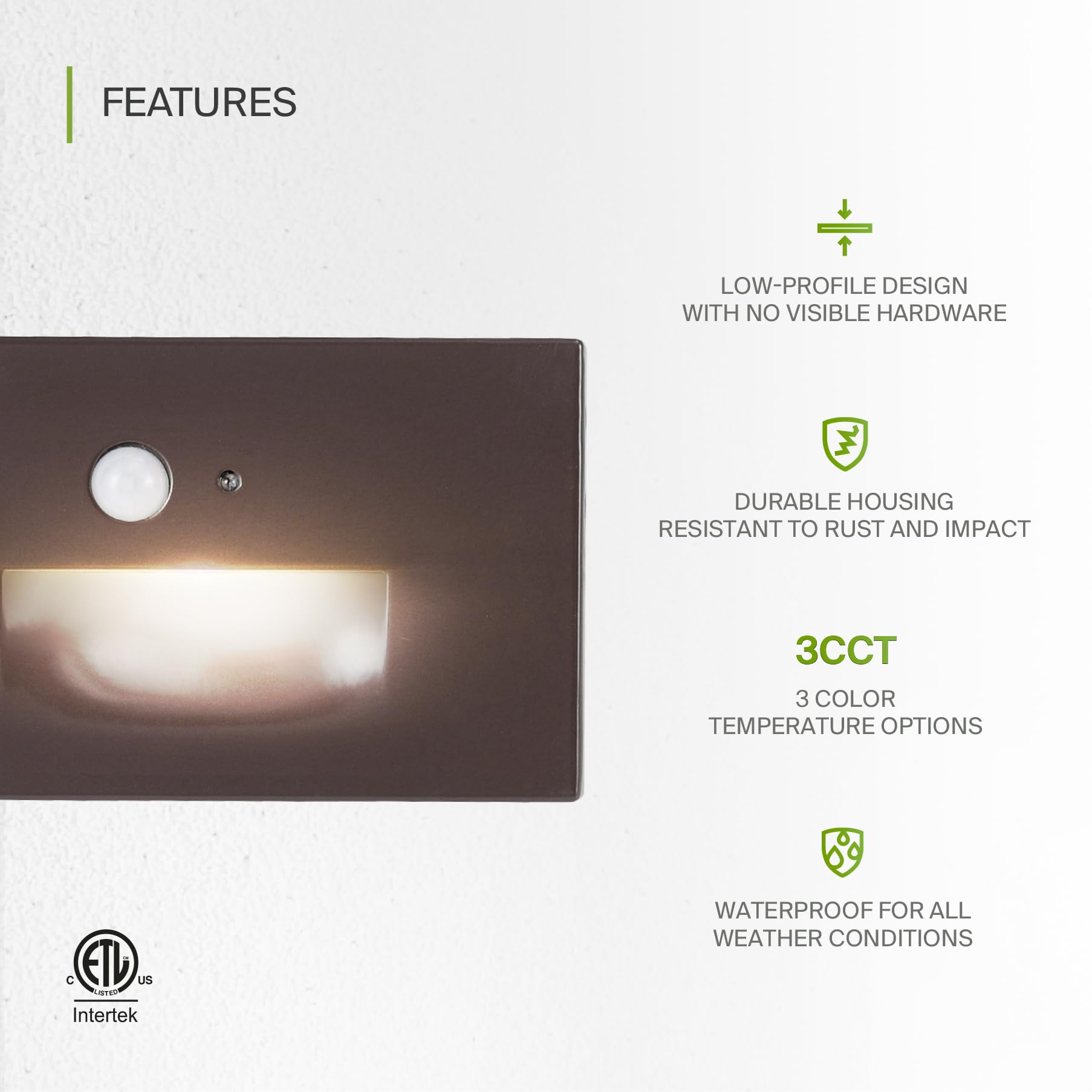 ASD LED Recessed Step Light Fixture, 3W 120LM, 3000K-5000K, Photocell, Motion Sensor, Waterproof, Dark Bronze, 4 Pack
