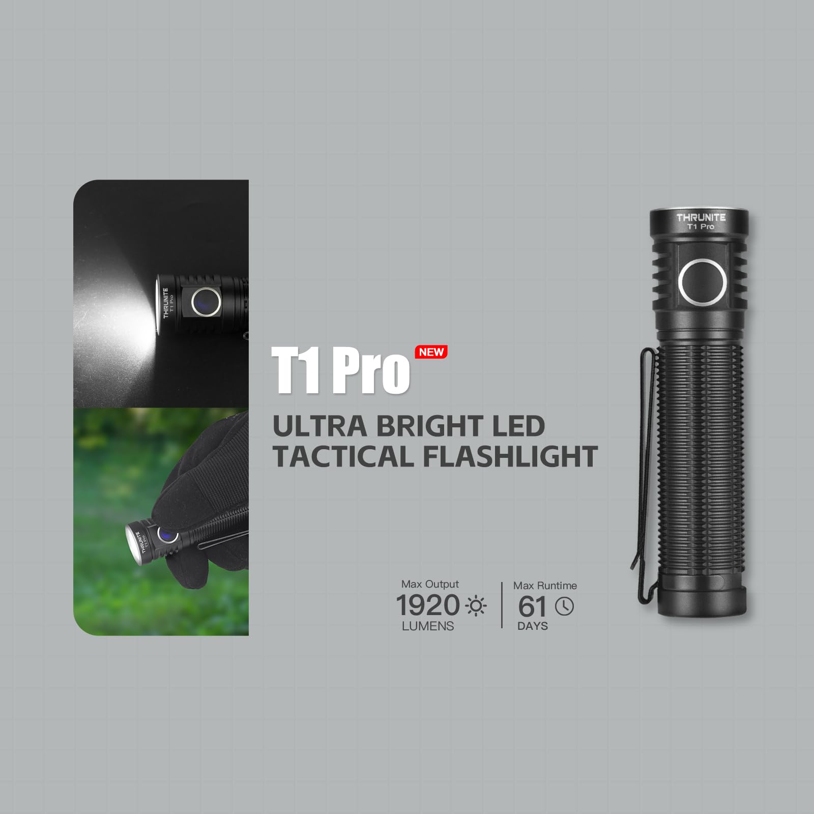 ThruNite T1 Pro Rechargeable Flashlight, 1920 Lumens, USB-C, 196m Beam, Aluminum, Cool White