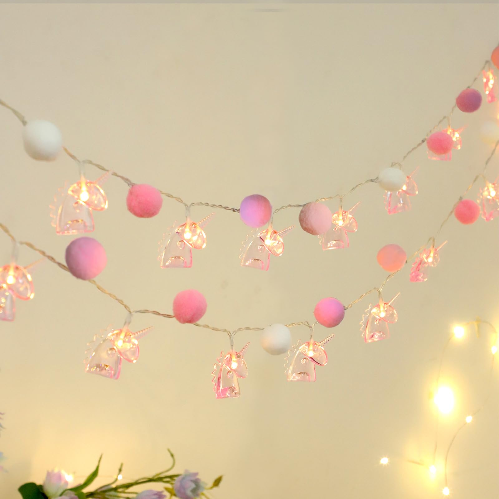 9.85FT Room Decor String Lights with 20 Cute PomPoms 20 Pink Unicorn LED Lights Battery Operated with Timer for Girls Bedroom Birthday Party Kids Playhouse Wedding Valentines Day Christmas Decoration