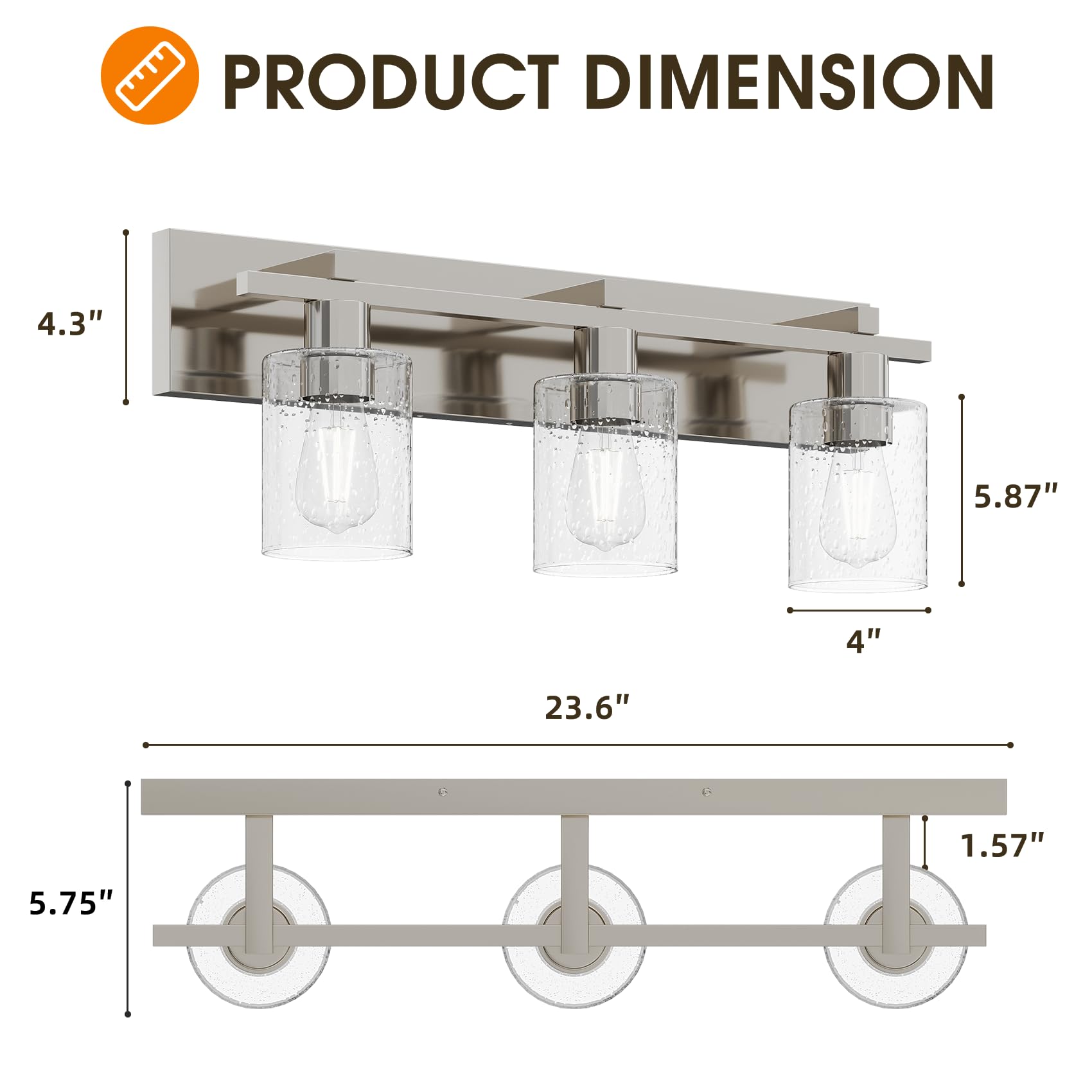 Espird Modern Vanity Lights, 3 Light Brushed Nickel Bathroom Light Fixture With Thickened Seeded Glass Shade, 24 Inch Vanity Lig