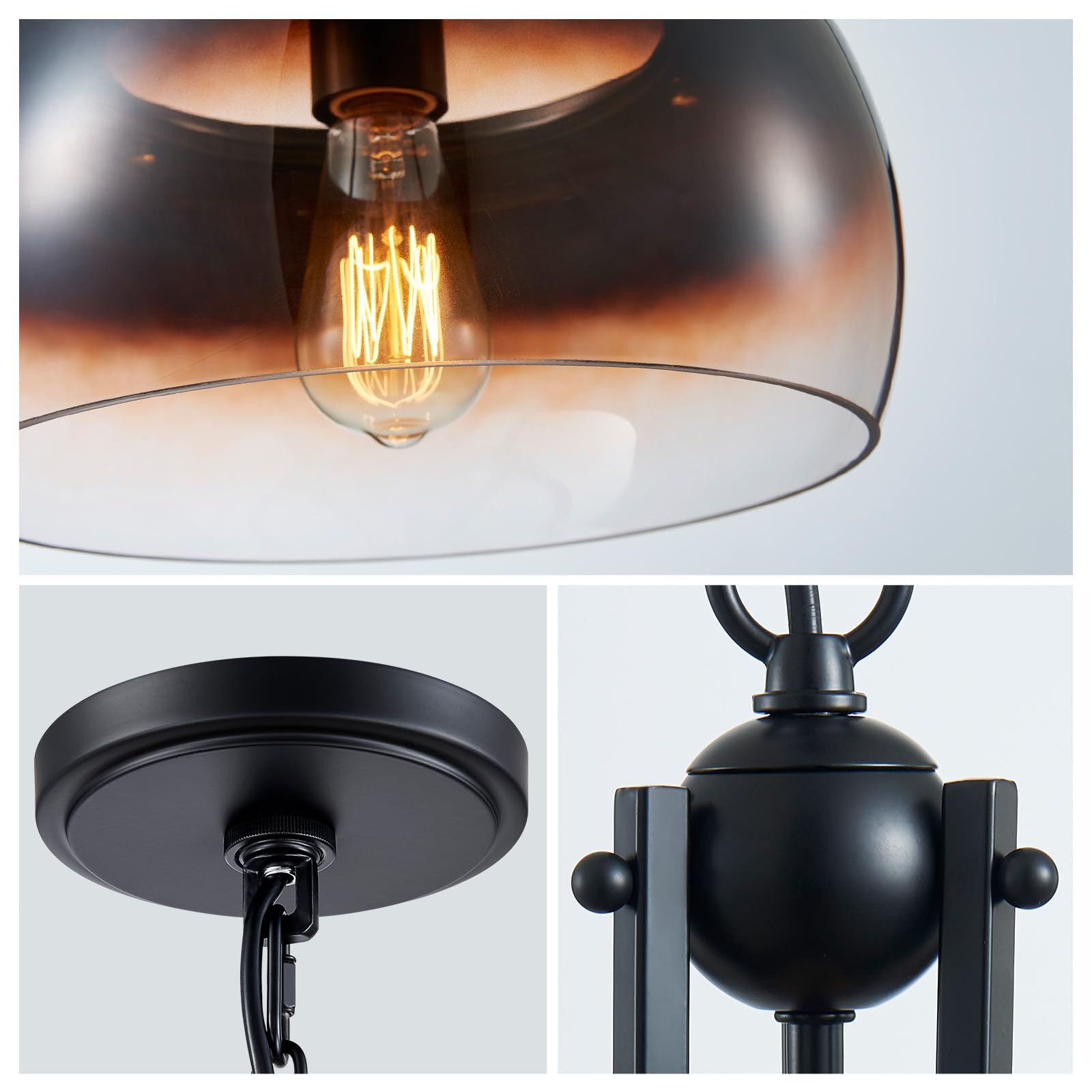 Wuzups Chandelier Rustic Farmhouse Industrial Round Ceiling Pendant Led Light Fixture With Amber Gradient Black Glass Shades For