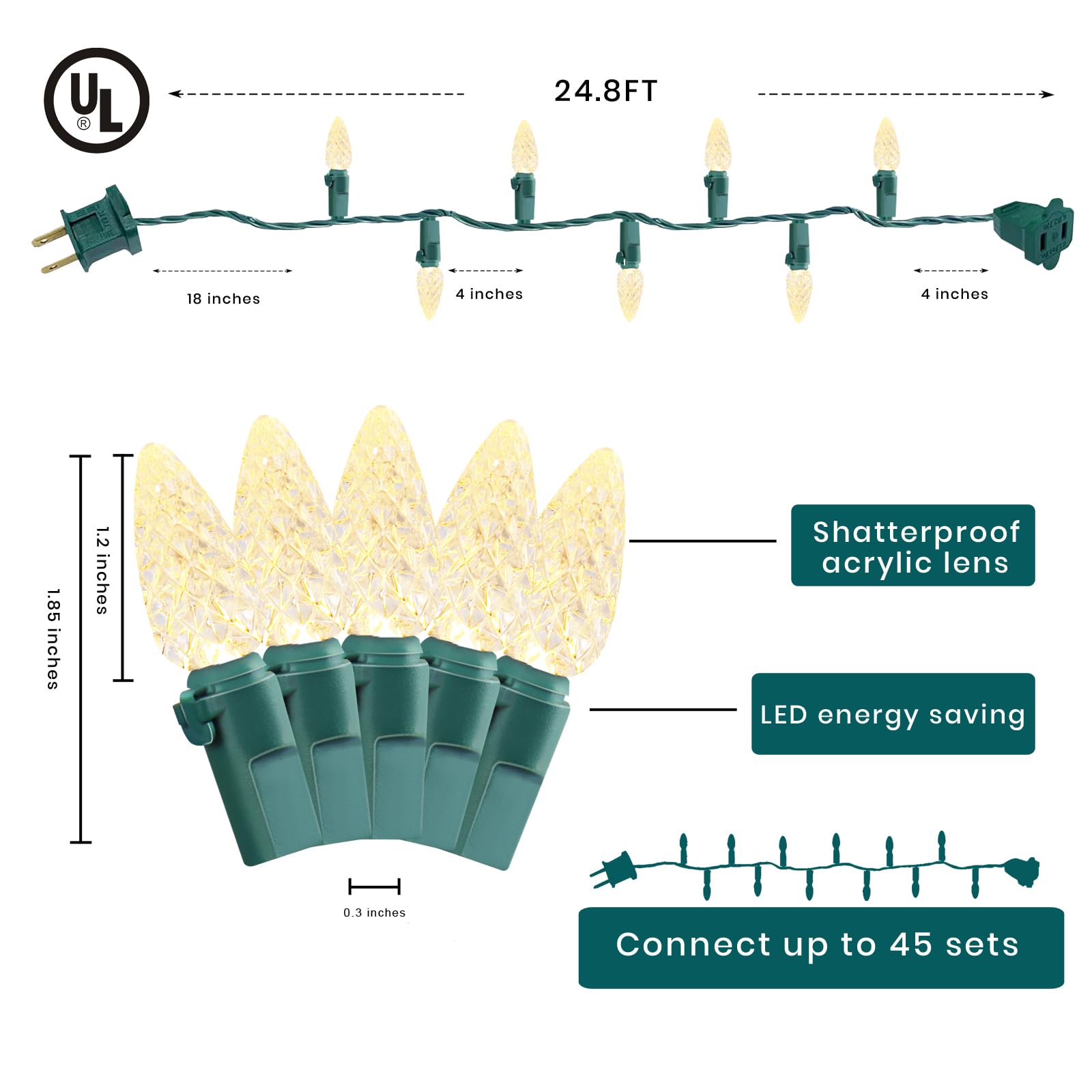FESTIA Warm White Lights C6 LED Green Wire Christmas Decorations Lights Outdoor and Indoors 70L 24.8 ft (2 Sets, 49.6ft) UL List