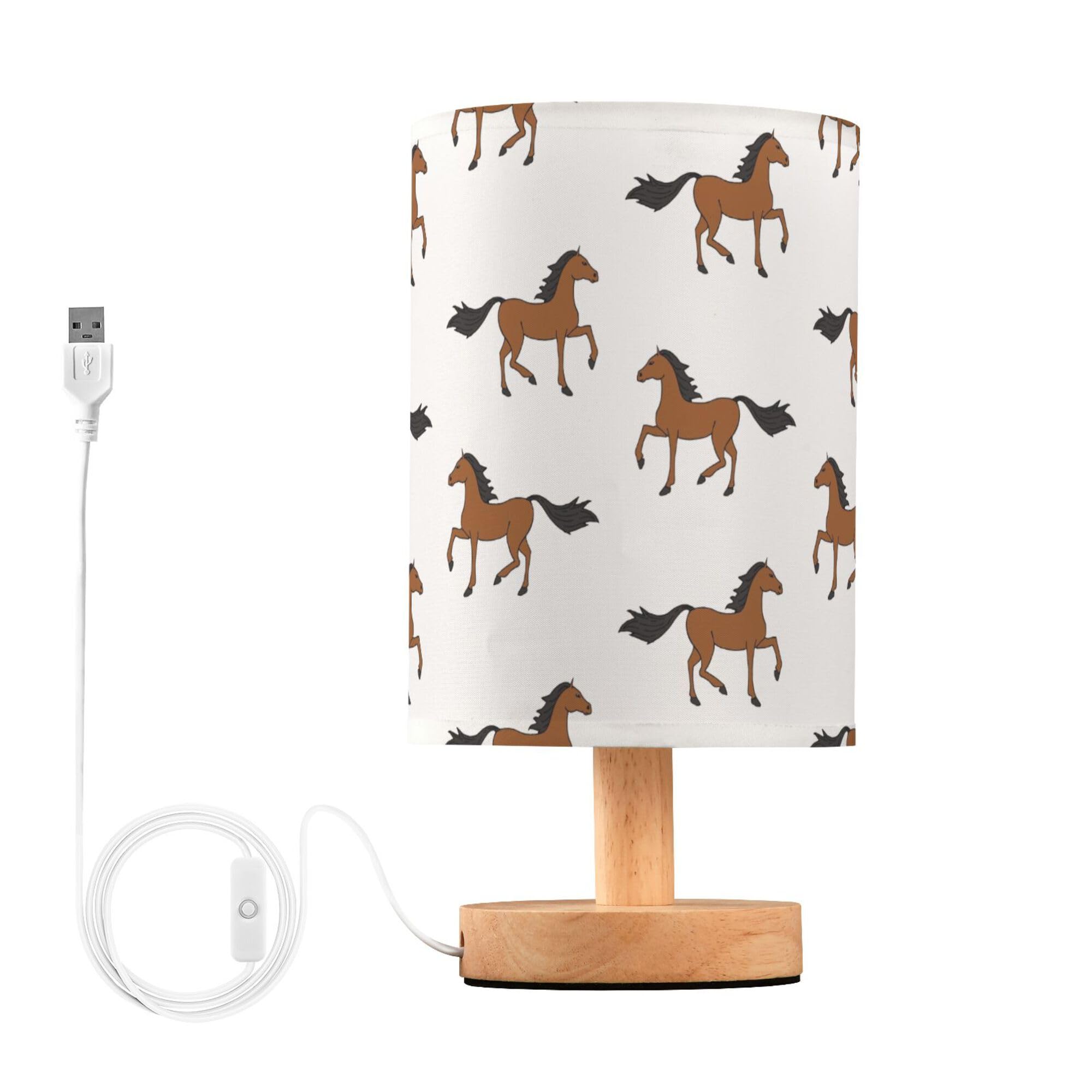 YYZZH Table Lamp Brown Horse Pattern Nightstand Lamp with Wood Base Fabric Lamp Shade Bedside Desk Lamp for Living Room Bedroom 