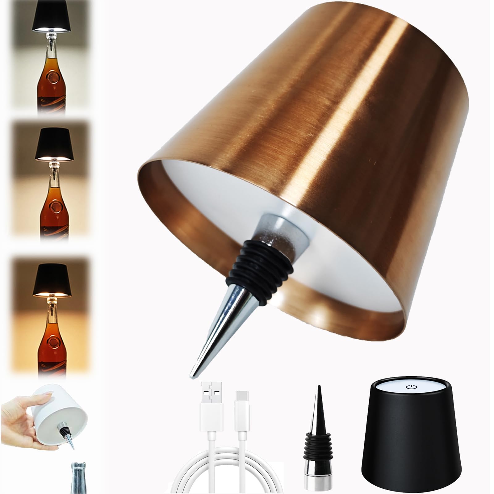 Neioaas Wireless Bottle Lamp,2025 New 3 Color Stepless Dimming Wireless Wine Bottle Lamp, USB Rechargeable Touch LED Wine Bottle