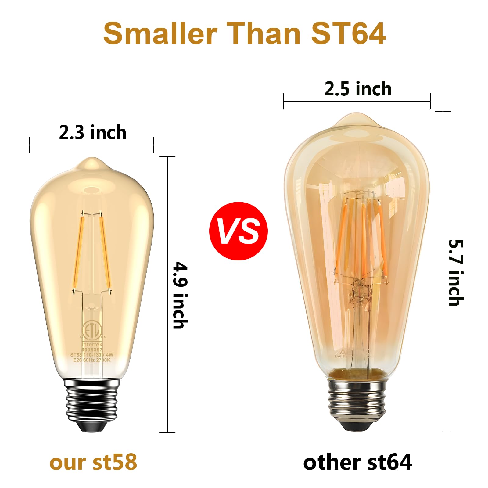 St58 Antique Led Filament Light Bulbs, Led Dimmable Edison Light Bulbs 4W, 2700K Warm White (Amber Glass) E26 Base Pack Of 6