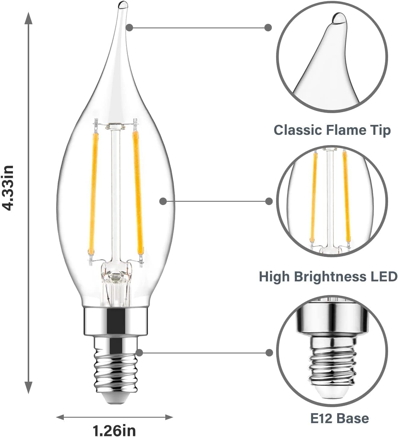 Sigalux E12 LED Candelabra Bulbs, Dimmable 4.5W 500LM, 5000K Daylight, CA10, 6 Pack, Glass