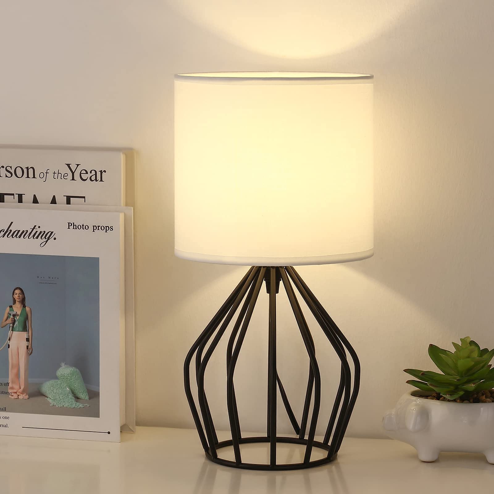 Haitral Modern Bedside Table Lamp - Minimalist Small Lamp With Hollowed Out Base Linen Fabric Shade,Metal Nightstand Lamp For Be