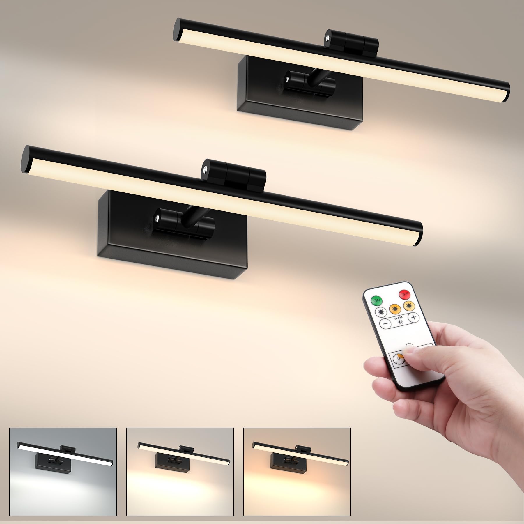 TOPPORTED Picture Light Battery Operated Dimmable 15.7 Inch Metal Art Lights, 2 Pack, Black, Model BH-40CM