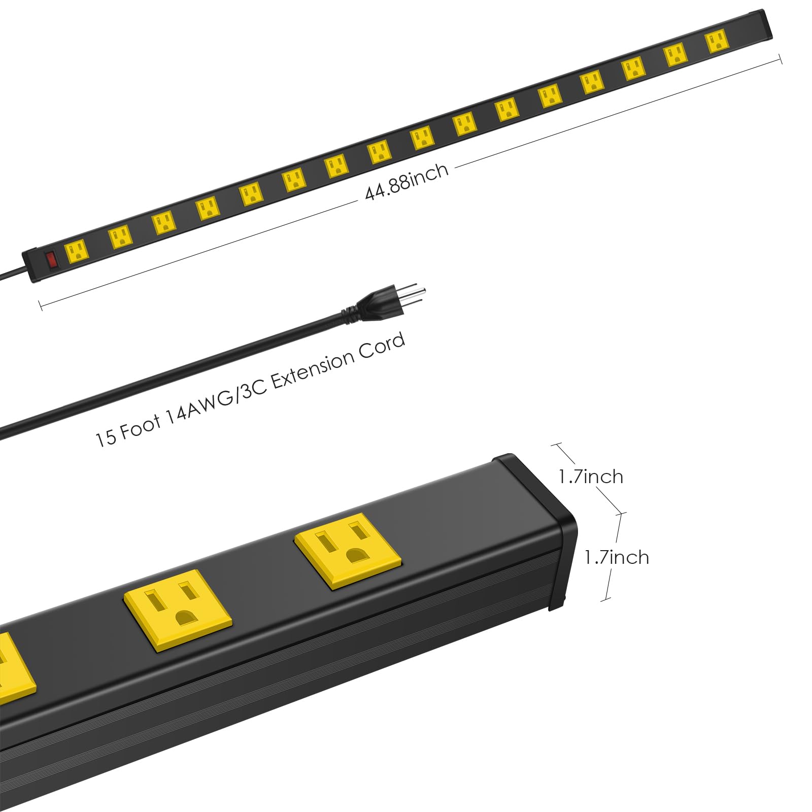 JUNNUJ Long Metal Power Strip with 16 Outlets, 15 FT Cord, 15A, 125V, Yellow