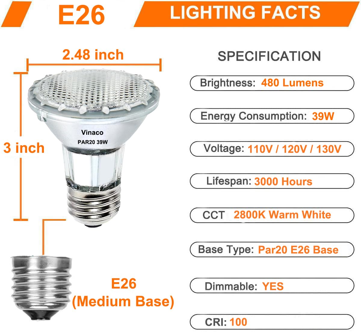 Vinaco Par20 Flood Light Bulb, 9 Pack 39W 120V 480 Lumens (50W Equivalent), Long Lifespan Halogen Dimmable Warm White 2800K, Flo