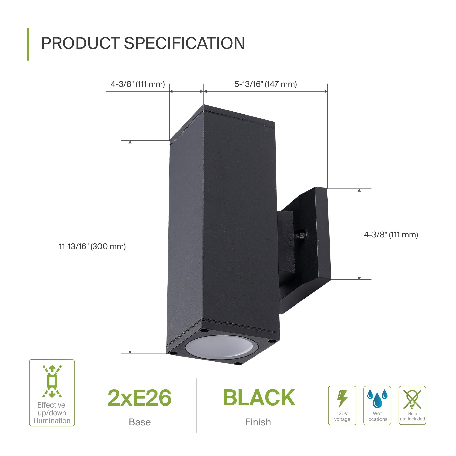 ASD 2-Way Square Wall Light Fixture | Waterproof | 120W E26 Socket | Black | Model A-OCLS-2I-2660-BK