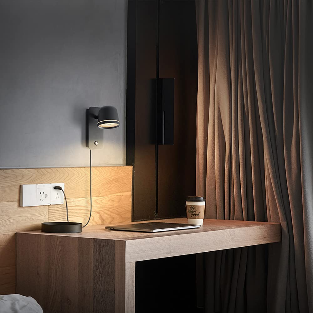 Aisilan Black Wall Sconce, 5W Dimmable Wall Sconces, Adjustable Angle Indoor Wall Lights With Plug In Cord, Led Wall Mounted Bed
