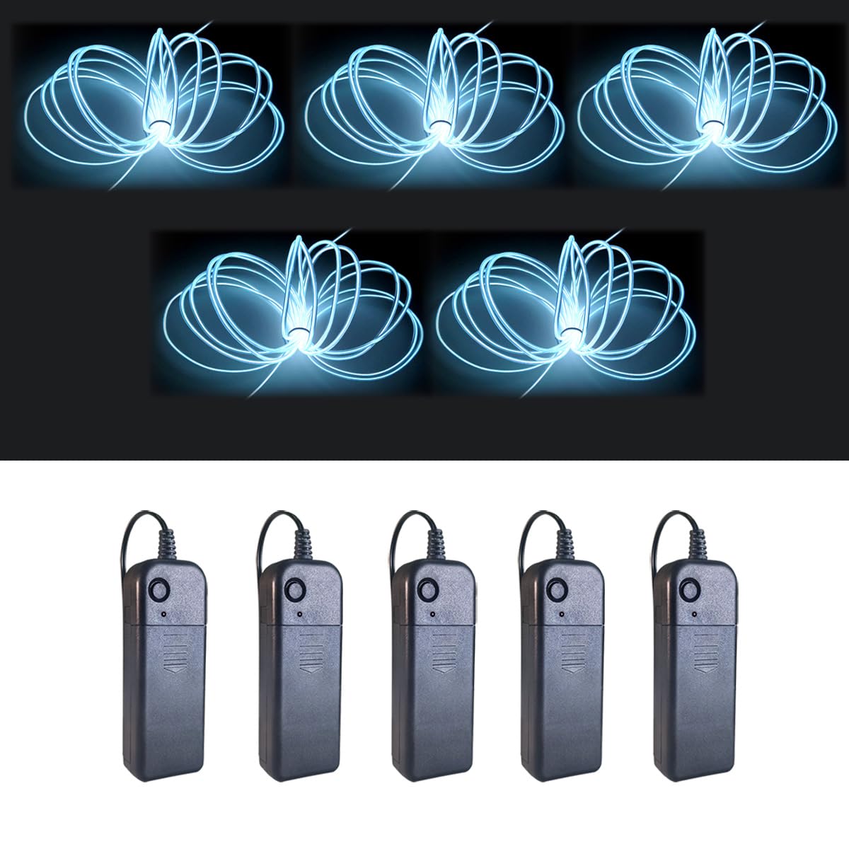 MaxLax EL Wire 5 Pack, 9ft Neon Light Wire Noise Reduction with Battery Pack(9ft-White)