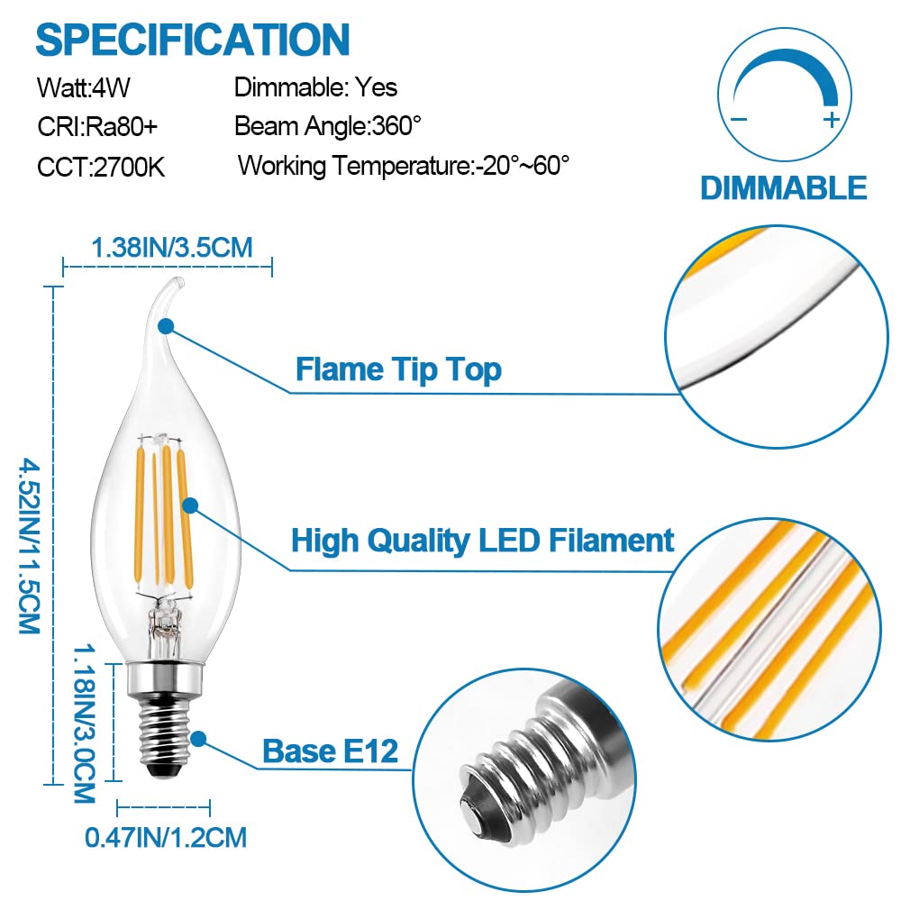 Langplus+ Dimmable E12 Candelabra Led Light Bulbs 4W 40W Equivalent, 2700K Soft Warm White Chandelier Bulbs, Flame Tip Candle Li