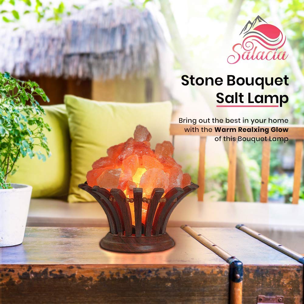 Stone Bouquet - A Himalayan Salt Lamp Bowl With Dimmer Cord - 100% Natural Pink Salt Rocks With Neem Wood Basket, Natural Himala