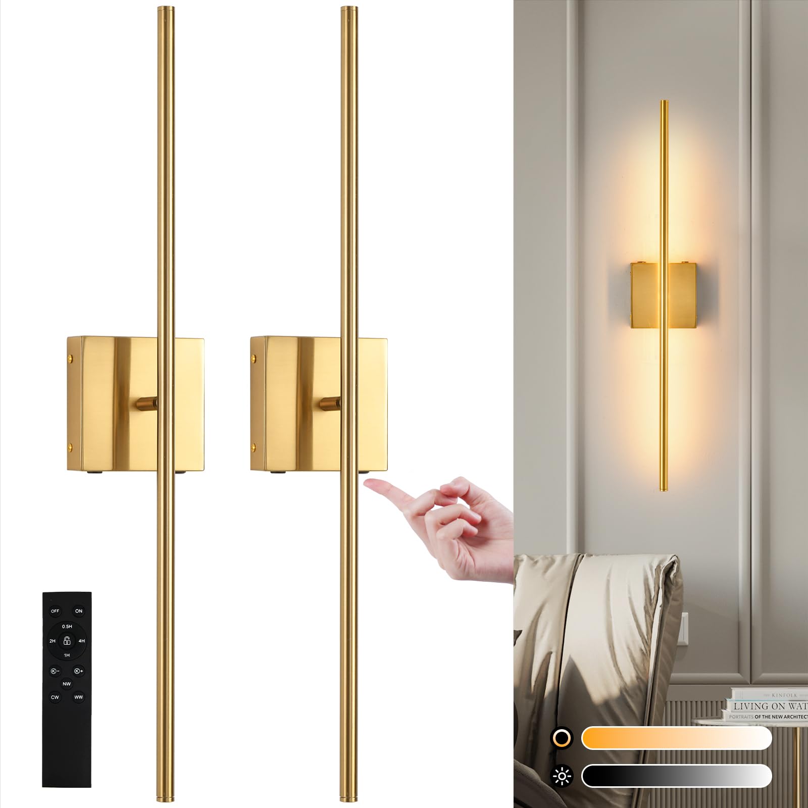 Battery Operated Wall Sconces Set Of 2, 16000Mah Brushed Gold Rechargeable Wall Sconce With Remote Control, 3000K-6000K Dimmable