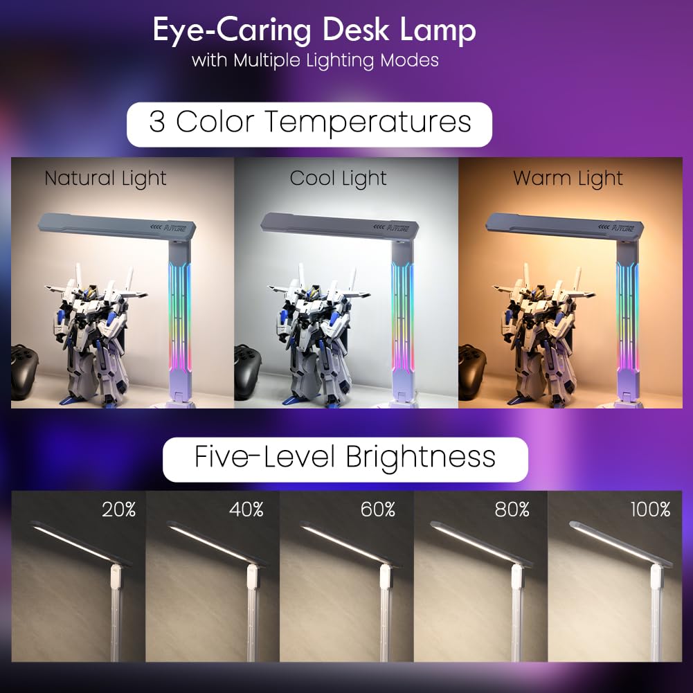 Wilit Color Changing Desk Lamp, Rgb Foldable Gaming Light With Sound Reactive, 10W Wireless & Usb Charging Port, Adjustable Arm,