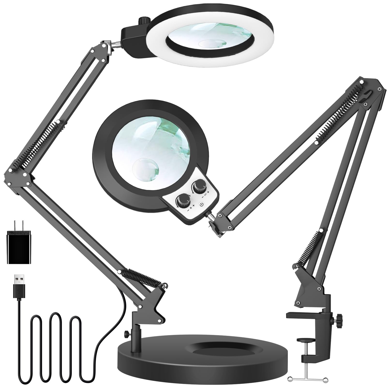 KIRKAS 12X Magnifying Glass with Light and Stand, Any Color Modes & Stepless Brightness LED Magnifying Lamp with Clamp, 2-in-1 M