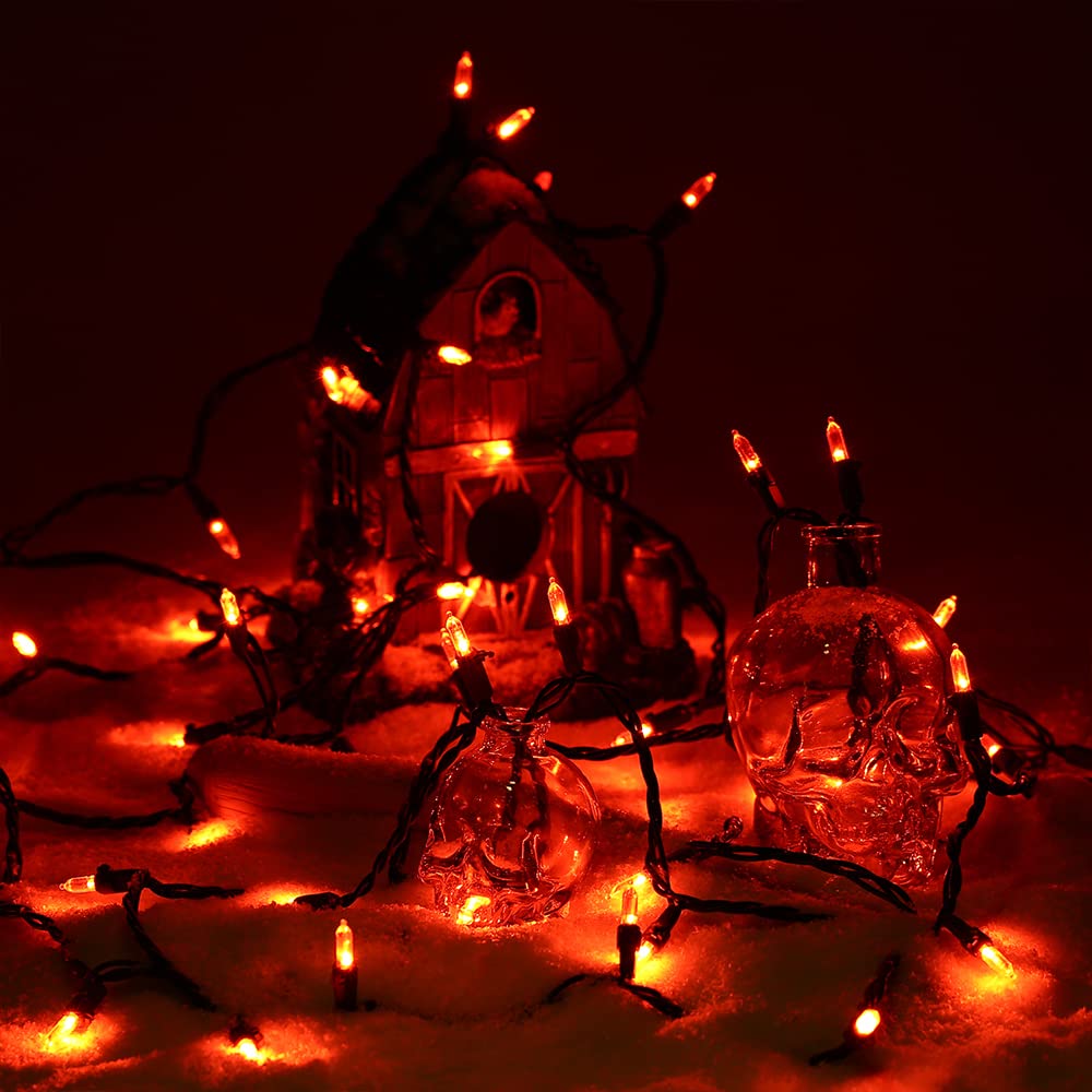ODEETRONIC 33ft 100 LED Orange String Lights, Waterproof Indoor/Outdoor, Black Wire, UL Certified Halloween Decor