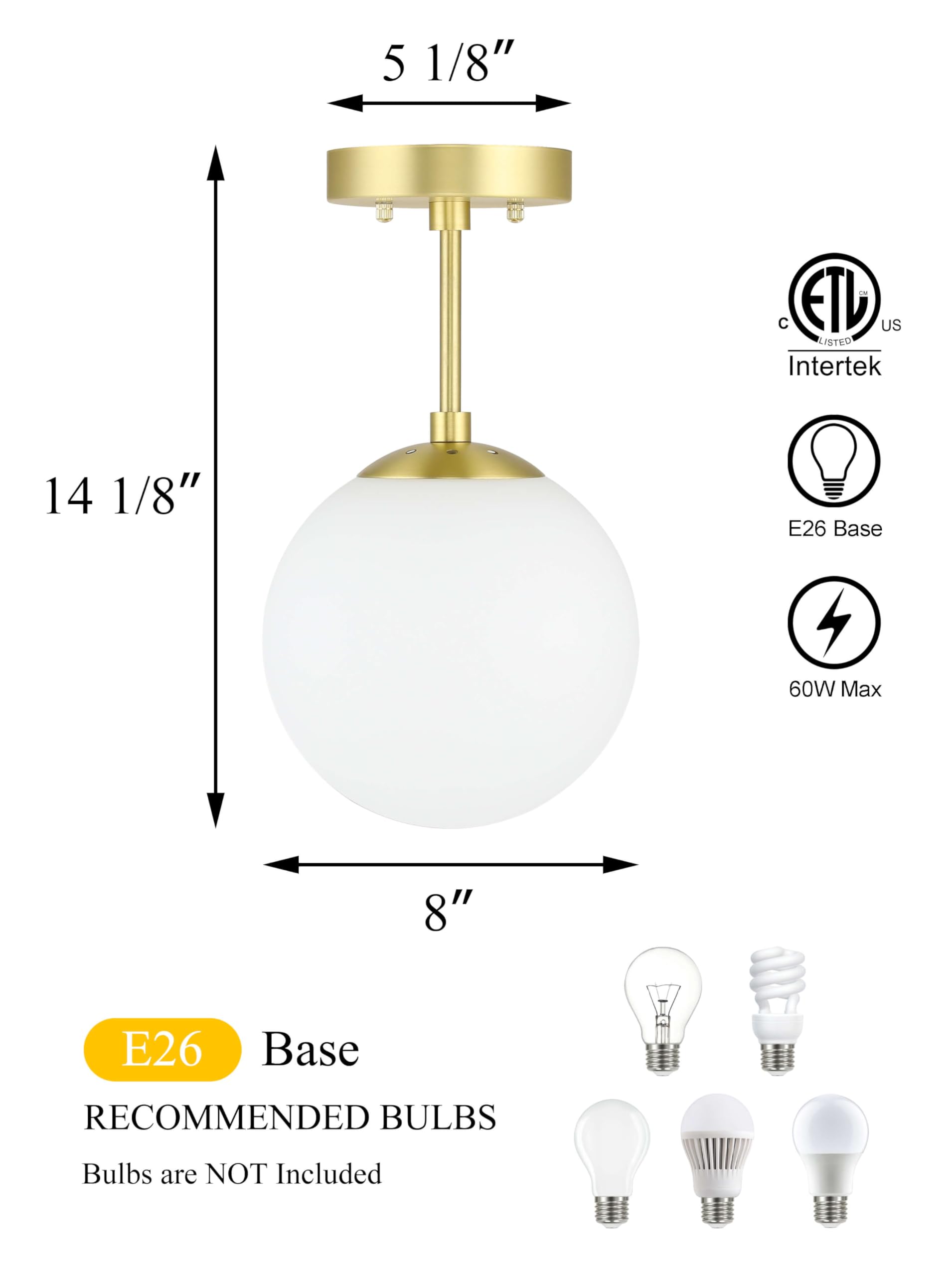 Xinbei Lighting Semi Flush Light 1 Light Semi Flush Mount Ceiling Light, Globe Ceiling Light Satin Brass Finish For Living & Din