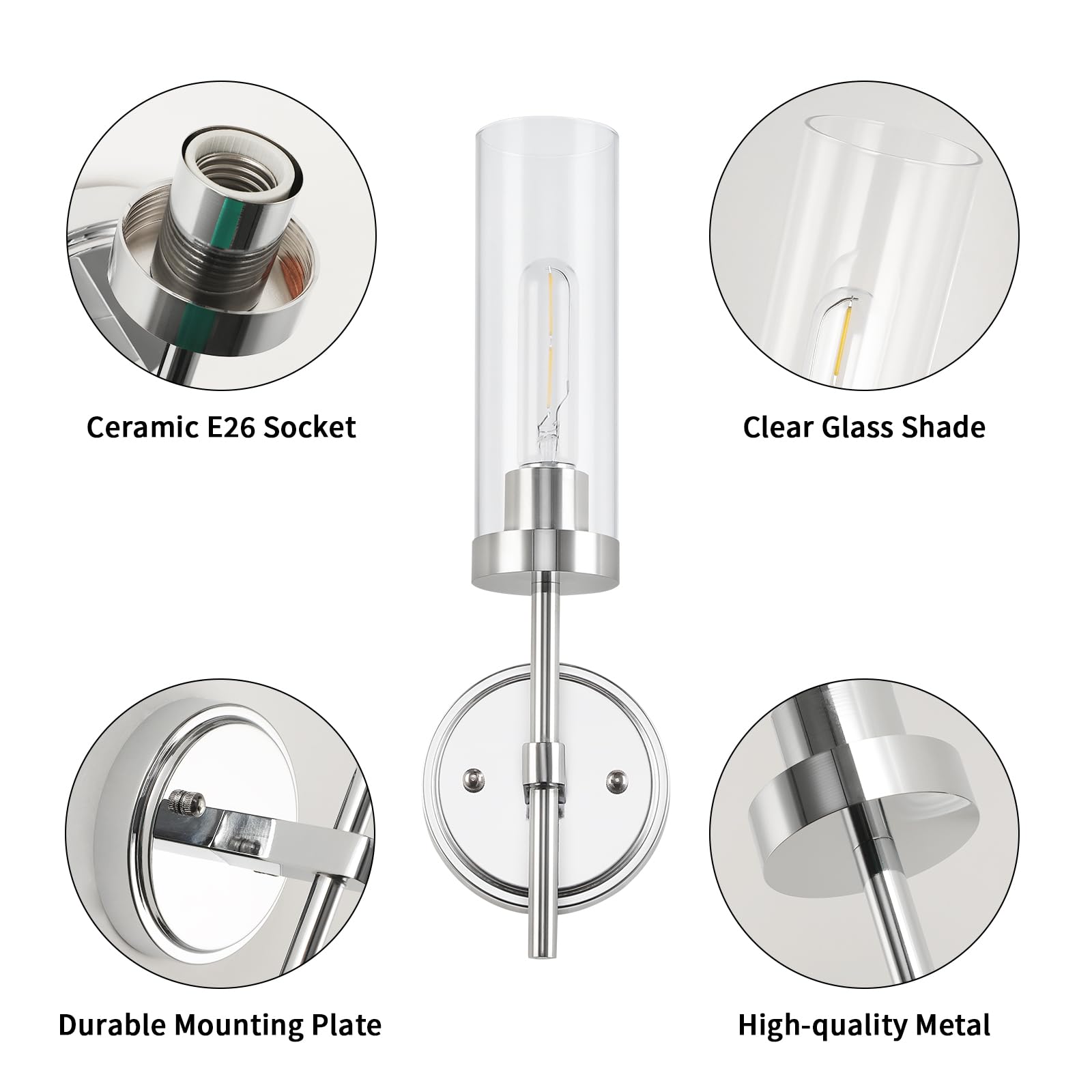 WILON Wall Sconces Set of 2, Chrome Metal Light Fixture with Clear Glass Shades, 15.5in  - Model QLSMUSB0021BG