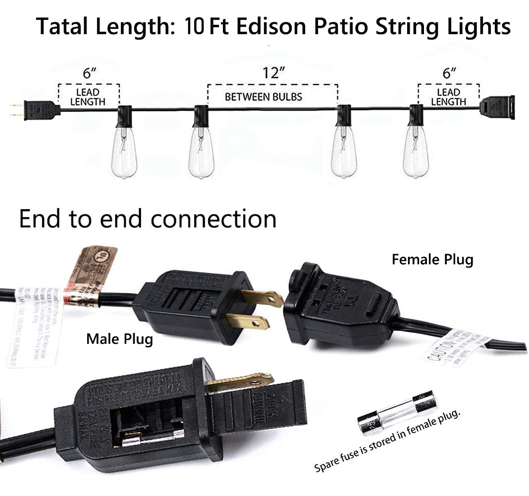 GOOTHY Outdoor String Lights, Waterproof Hanging Patio Lights, 10FT Black, ST40 Vintage Edison Bulbs, 11 Bulbs with 1 Spare