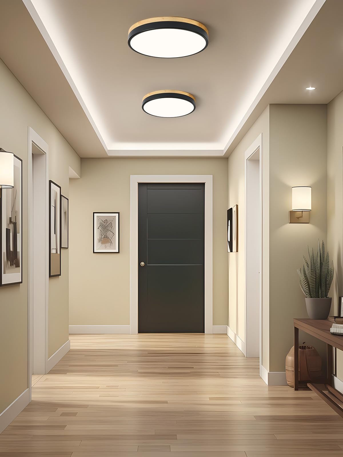 Zuyurt Wood Led Ceiling Light, Modern Black Flush Mount Ceiling Light, Minimalist Close To Ceiling Light Fixture For Bedroom, Ha