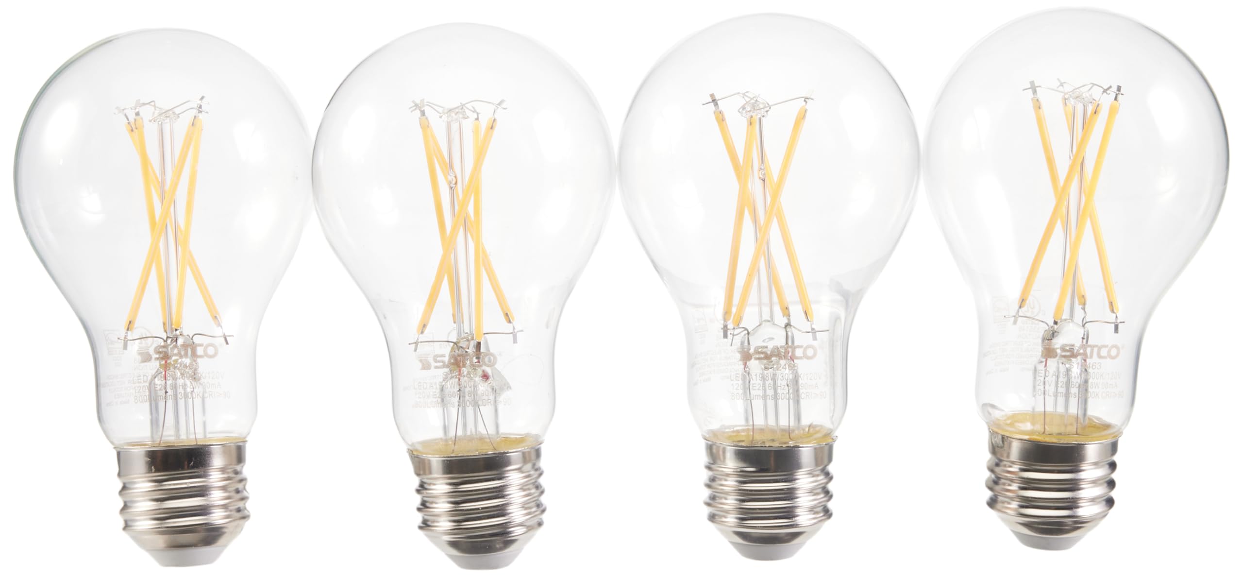 Satco S12463 8 Watt A19 Led Bulb, Clear, 3000K, Medium Base, 120 Volt, 4-Pack