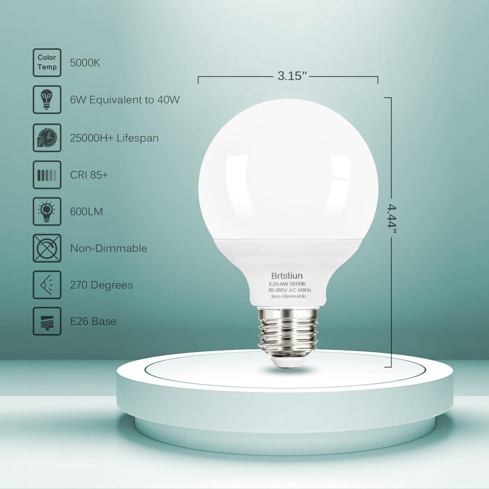 Brtstiun G25 LED Light Bulb, 4-Pack, 40W Equivalent, Daylight White 5000K, E26 Base, Non-Dimmable, Globe Vanity Bulbs