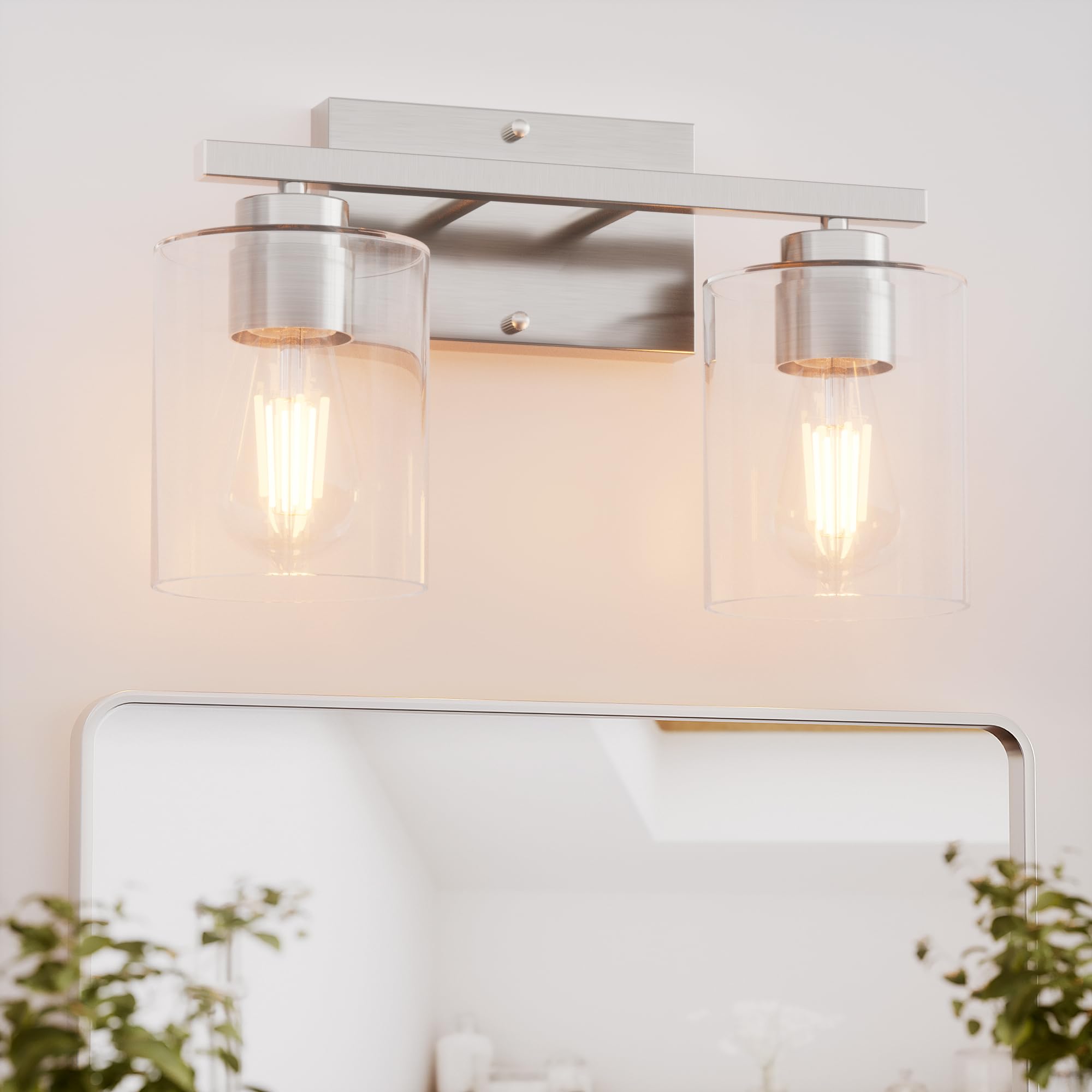 Honesorn Bathroom Light Fixtures, 2 Light Brushed Nickel Vanity Lights, Modern Bathroom Light with Clear Glass Shade, E26 Base, 