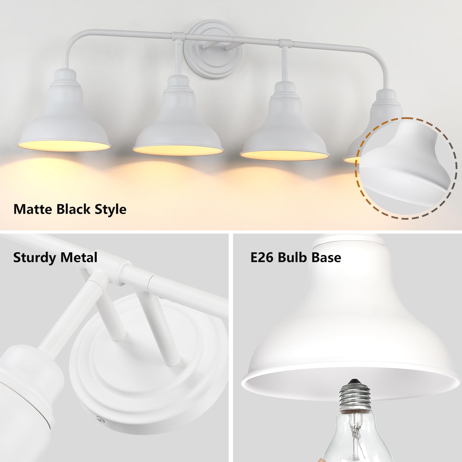 pasentel 34in Farmhouse Bathroom Vanity Light, 4-Light, White Iron, Model BD017-4-WH, Rustic Industrial Sconce for Bathroom