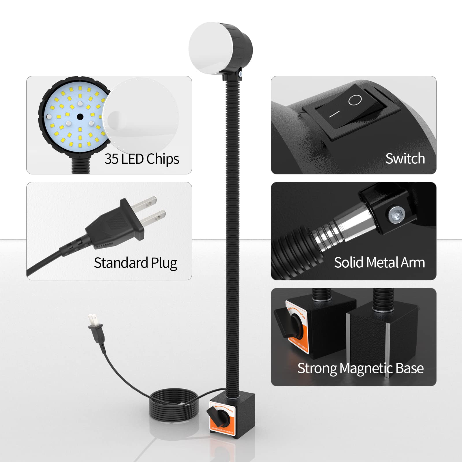 35Leds Magnetic Light, 1200 Lumen 120V Flexible Gooseneck Work Light With Adjustable Magnetic Base For Lathe Cnc Milling Drill Press Sewing Machine Industrial Lighting, 12W