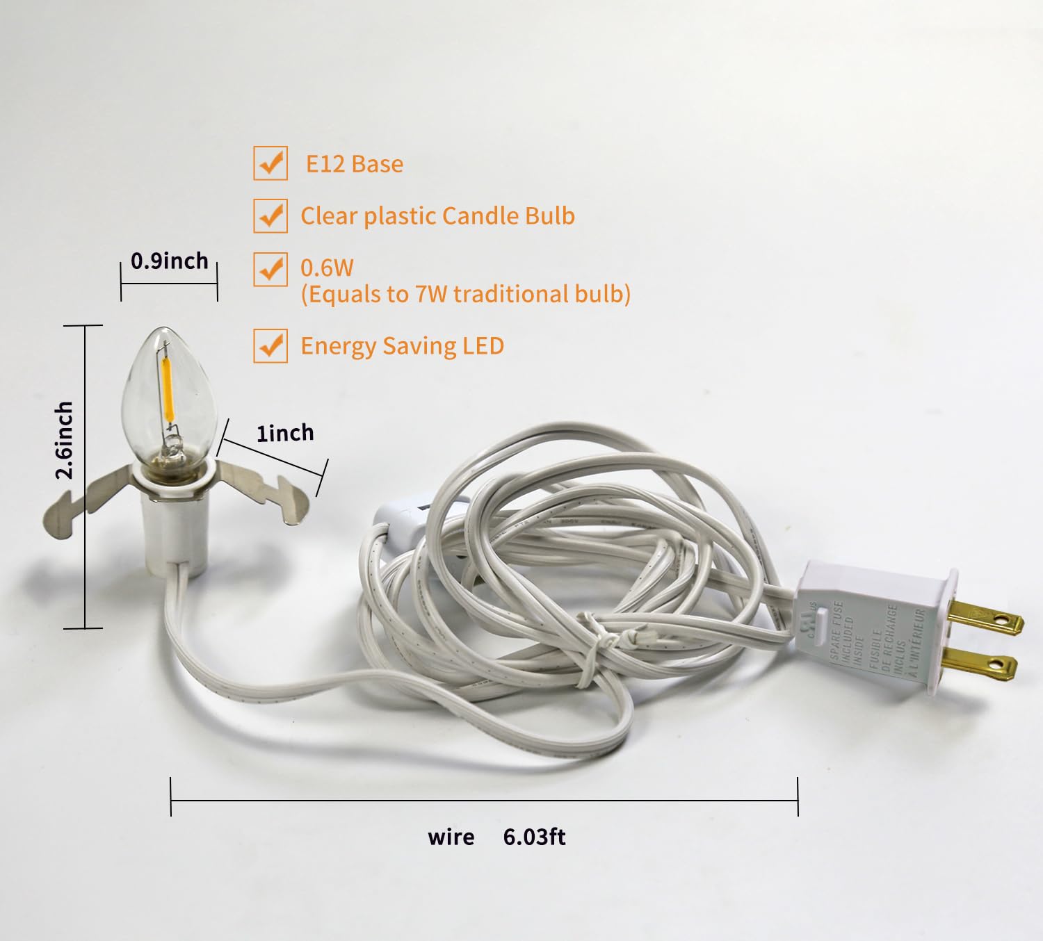 YIMILITE C7 LED Bulb 2 Pack 0.6W 2700K E12 Candelabra Base Christmas Light Accessory Cord