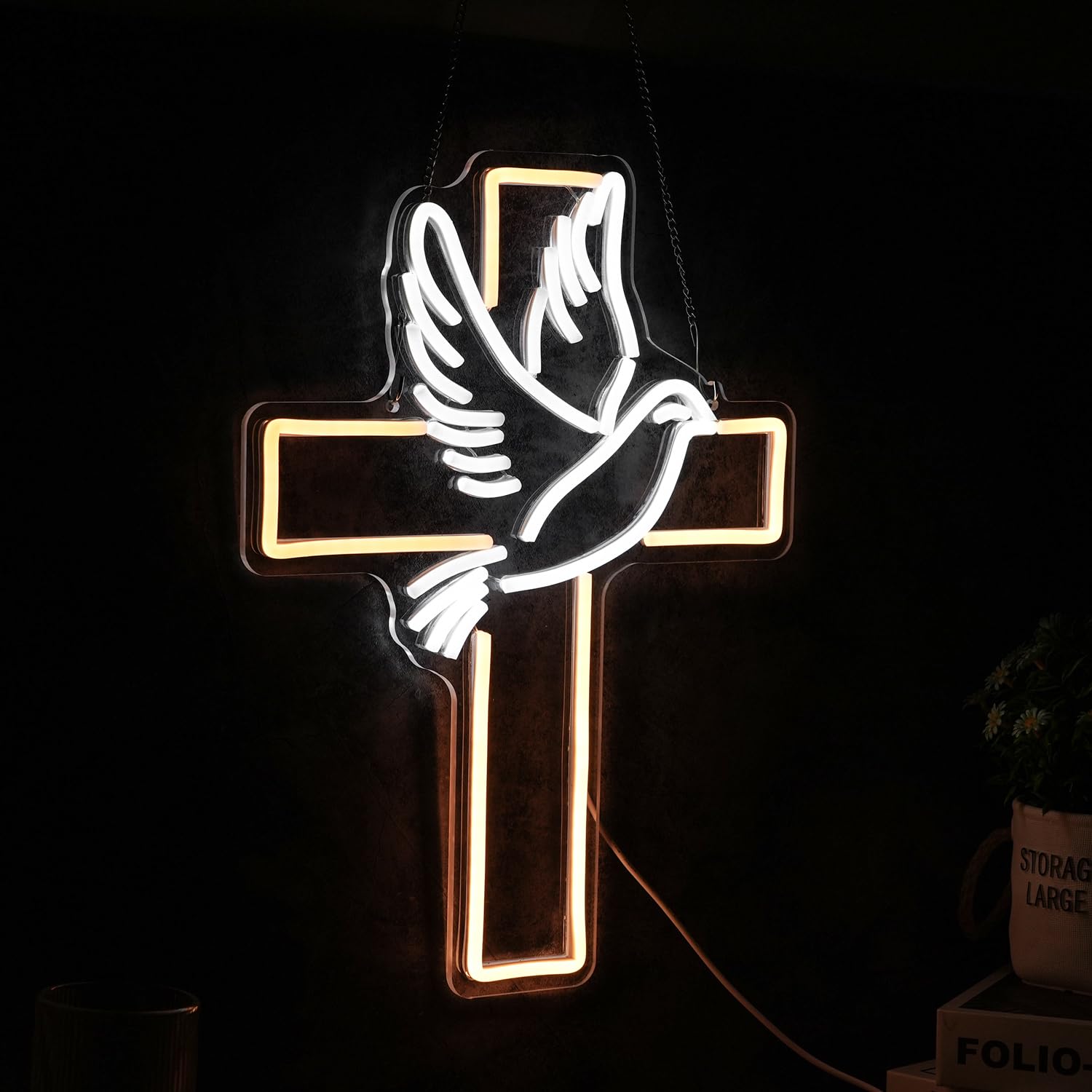 GNVETZLL Cross Neon Sign Dimmable LED Light for Wall Decor, White Dove of Peace, USB Powered, Warm White, Wedding, Party Decor