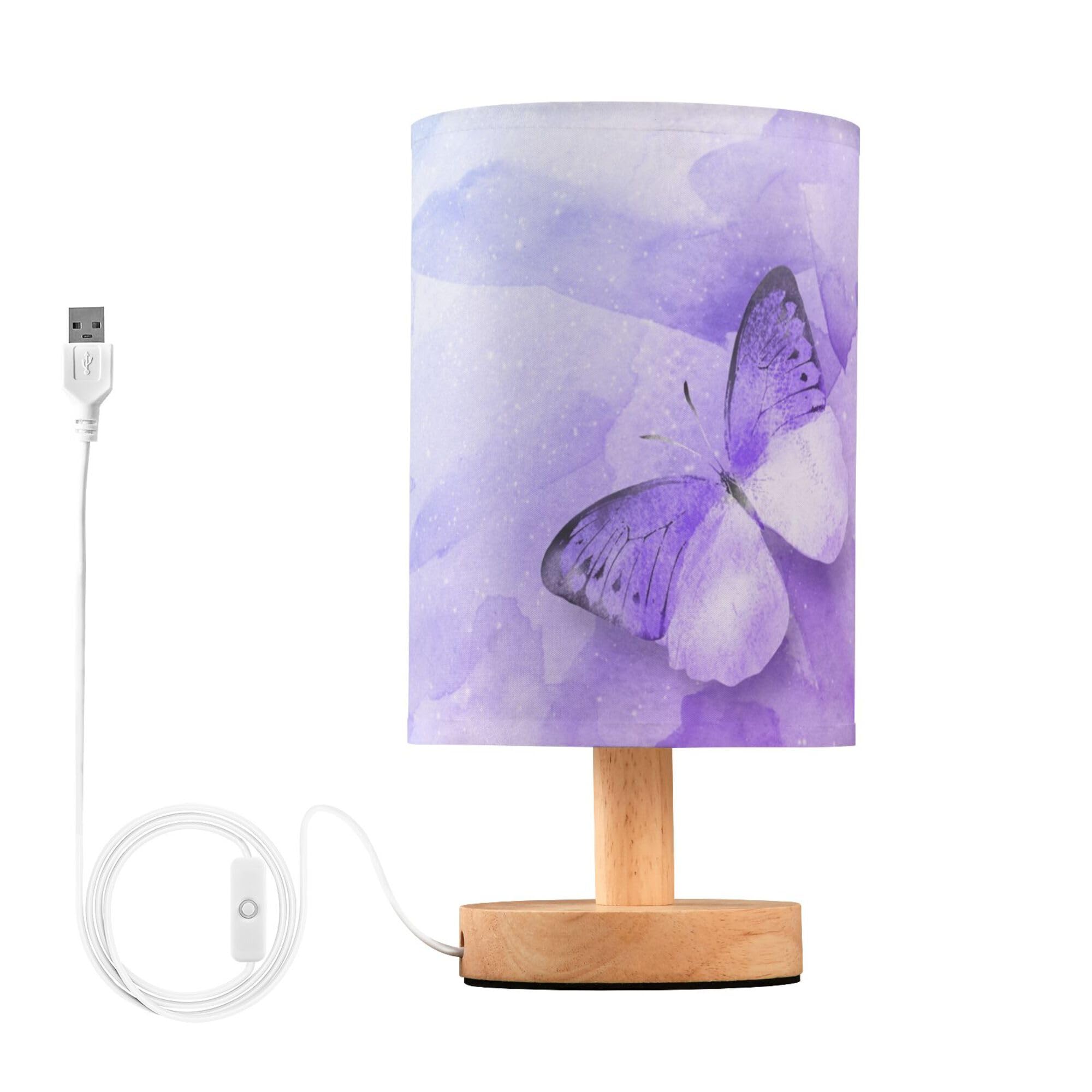YYZZH Table Lamp Watercolor Purple Butterfly Galaxy Nightstand Lamp with Wood Base Fabric Lamp Shade Bedside Desk Lamp for Livin
