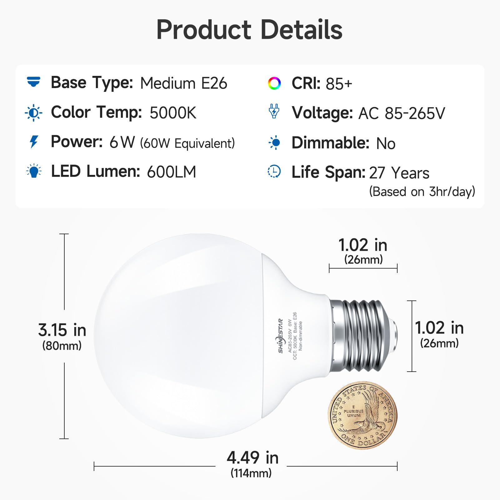 Shinestar 4-Pack Vanity Light Bulbs  60W Equivalent  5000K Daylight  G25 Led Globe Light Bulbs For Bathroom  E26 Medium Base  Non-Dimmable