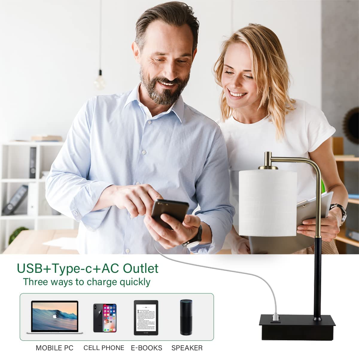 OYedis 3-Way Dimmable Touch Control Table Lamp with USB Port, Bronze & Black, Fabric Shade, Model T004